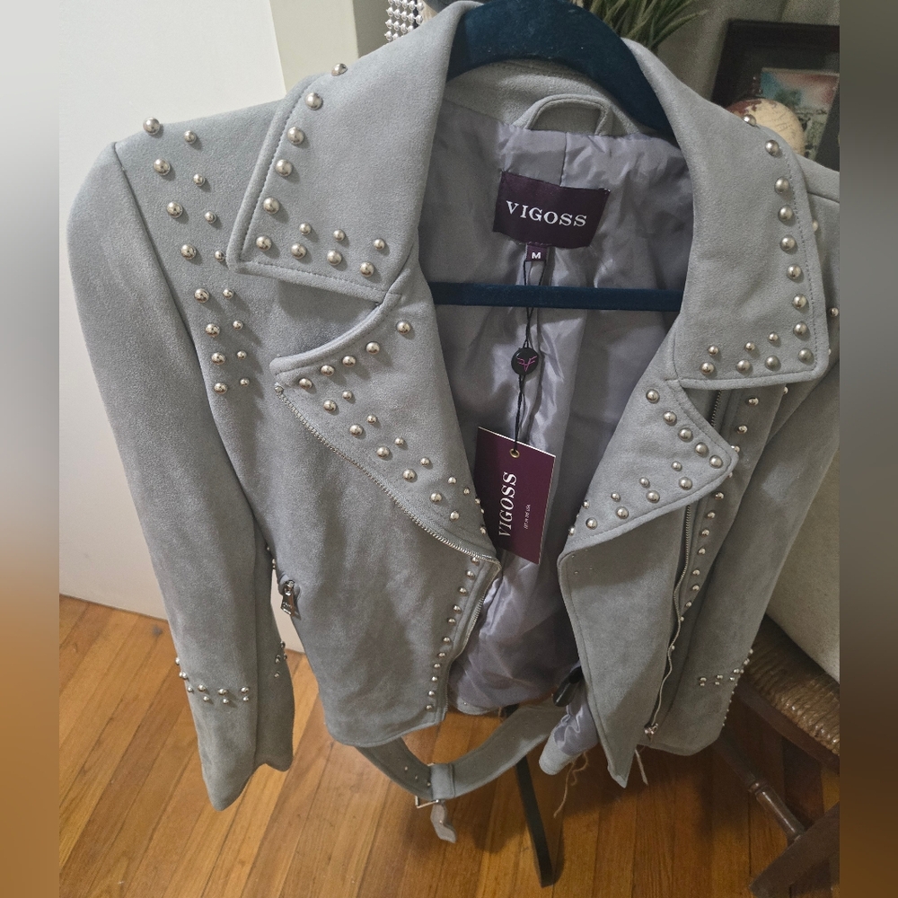 Vigoss Gray Seude Moto Jacket with Studded Details